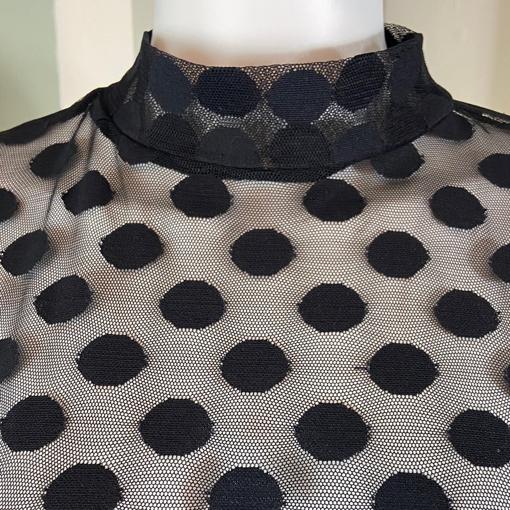 Lane Bryant mesh stretch Black Polka Dot Sheer Blouse 14/16 mock neck - Picture 5 of 13